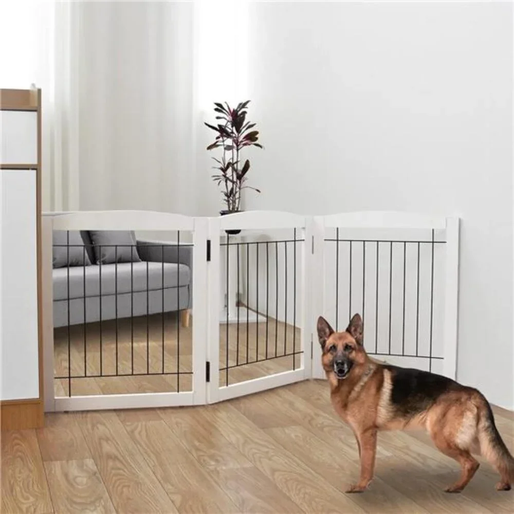 Freestanding Foldable Dog Gate for House ExtraWide Wooden Whiteindoor Puppy Gate